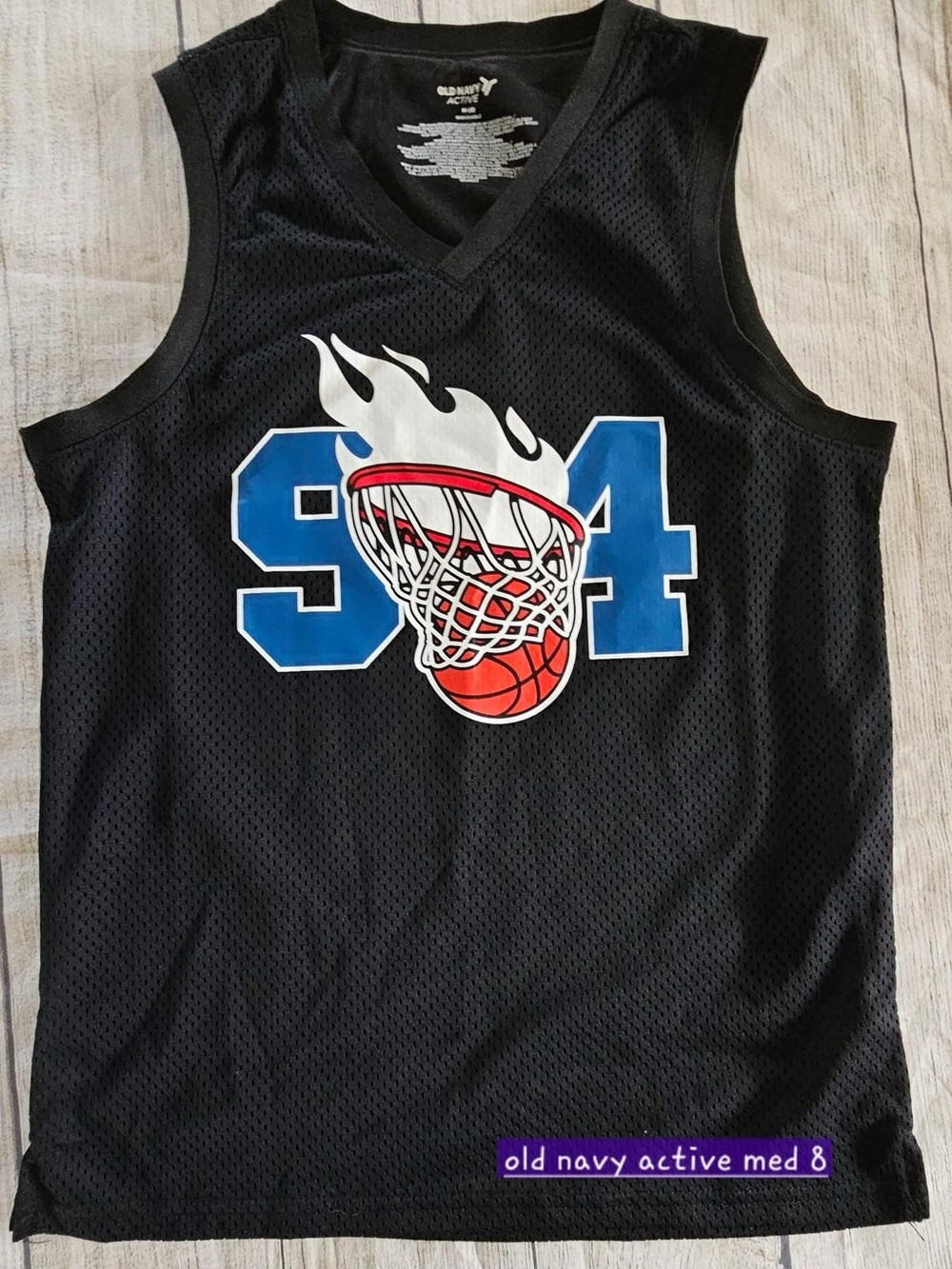 Old Navy Black Basketball Jersey with Blue and Red Graphic